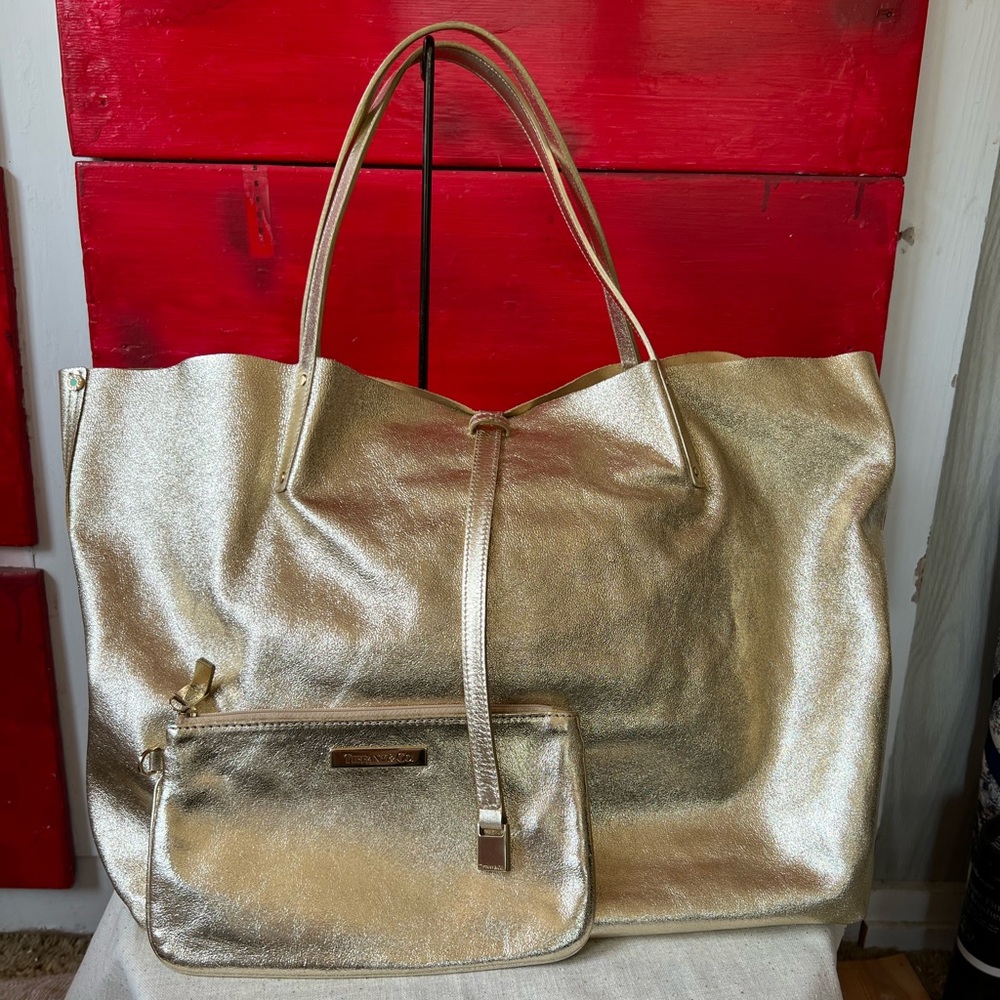 Tiffany Authentic Suede Reversible Tote Bag Metallic Gold X Beige